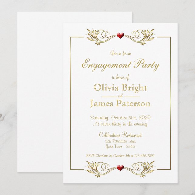 Elegant White Gold Frame Heart Engagement Party Invitation (Front/Back)