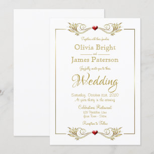 Elegant White Gold Frame Red Heart Wedding Invitation