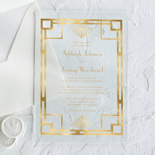 Elegant White Gold Geo Vintage 1920s Deco Wedding Acrylic Invitations