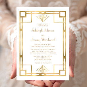 Elegant White Gold Geo Vintage 1920s Deco Wedding Invitation
