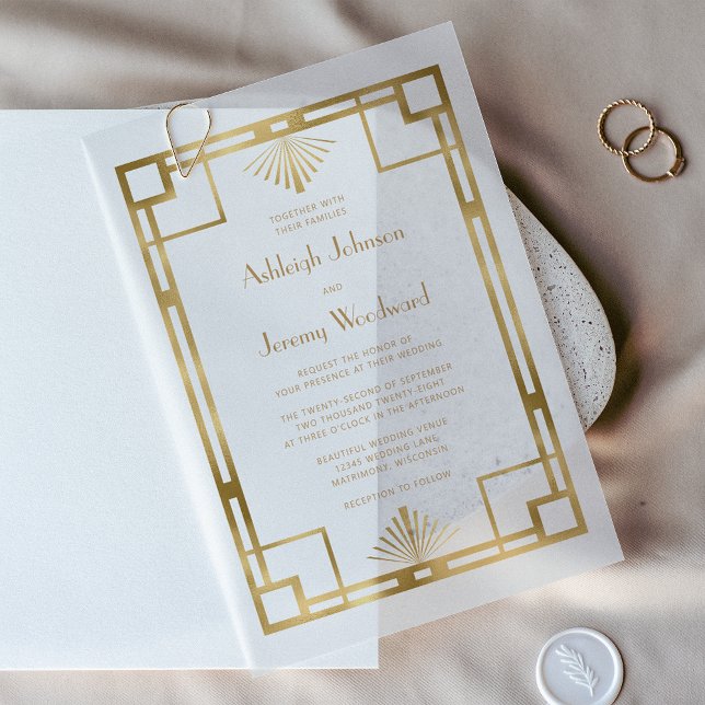 Elegant White Gold Geo Vintage 1920s Deco Wedding Vellum Invitations (Creator Uploaded)