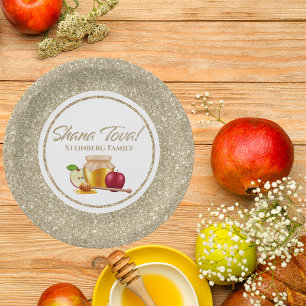 Elegant White Gold Glitter Jewish Rosh Hashanah Paper Plate