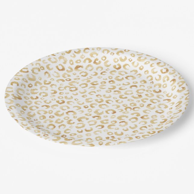 Elegant White Gold Glitter Leopard Animal Print Paper Plate (Angled)