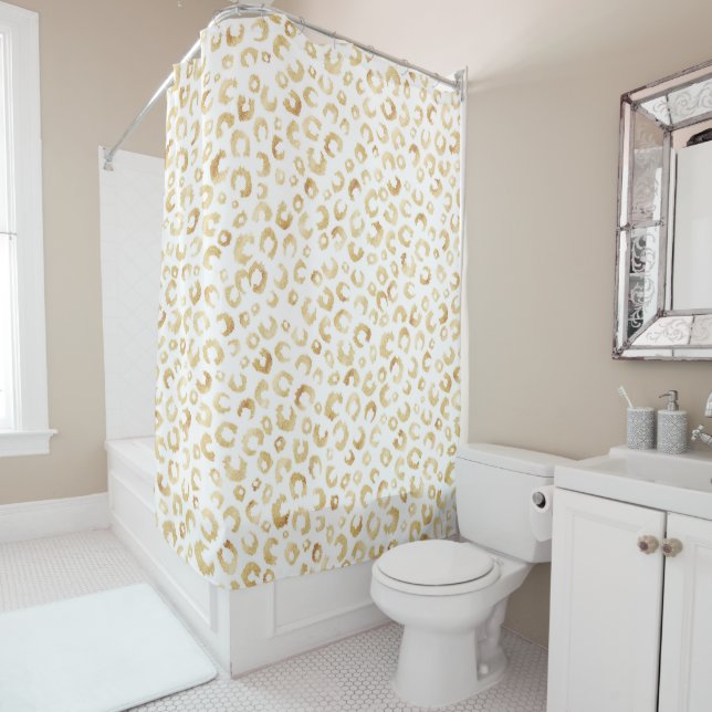 Elegant White Gold Glitter Leopard Animal Print Shower Curtain (In Situ)