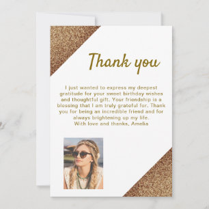 Elegant White Gold Glitter Photo Birthday Thank You Card