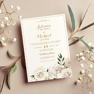 Elegant white gold glitter roses floral Wedding Invitation