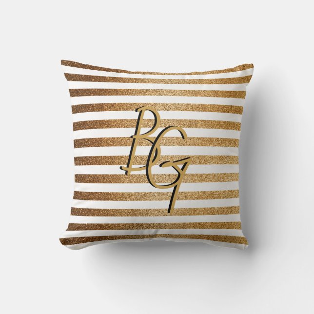 Elegant White Gold Glitter Stripe Monogram Cushion (Front)