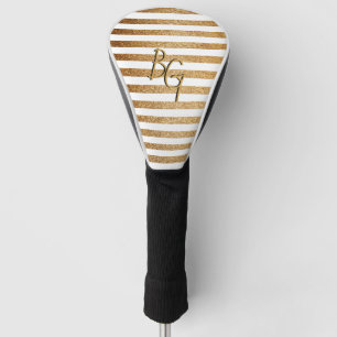 Elegant White Gold Glitter Stripe Monogram Golf Head Cover