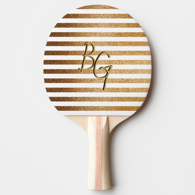 Elegant White Gold Glitter Stripe Monogram Ping Pong Paddle (Front)