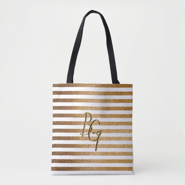 Elegant White Gold Glitter Stripe Monogram Tote Bag (Front)