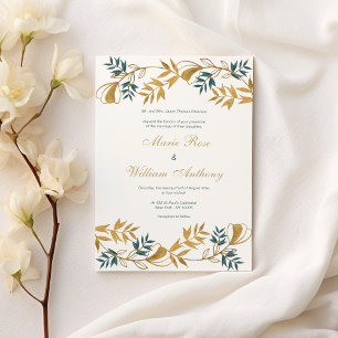 Elegant white gold grayish cyan foliage Wedding  Invitation