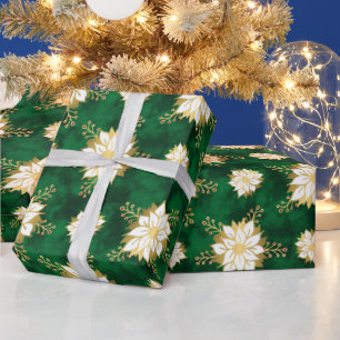 Elegant White Gold Green Poinsettia Flower Pattern Wrapping Paper