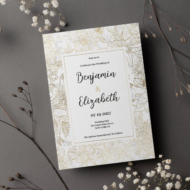 Elegant white gold grey marble floral Wedding Invitation (Elegant white gold gray marble floral Wedding )
