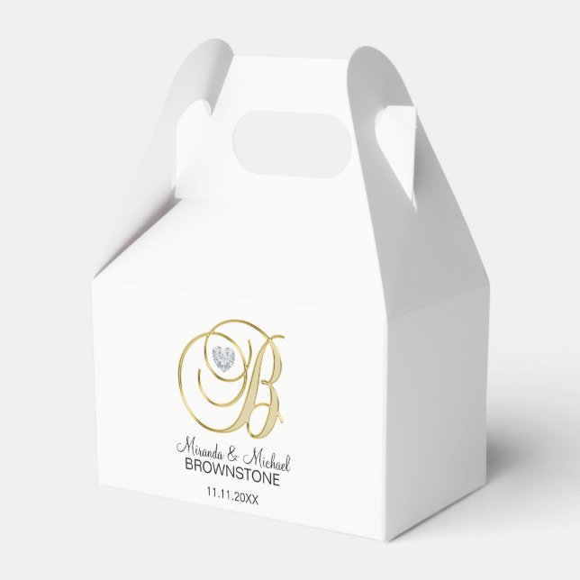 Elegant White Gold Heart Monogram B Wedding Gift Favour Box (Front Side)