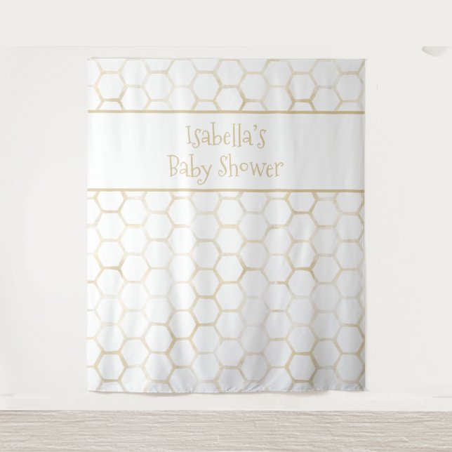 Elegant White Gold Hexagon Beehive Baby Shower Tapestry (Front)