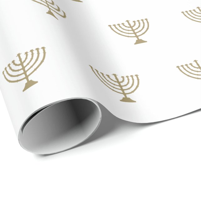 Elegant white gold Jewish menorah pattern modern  Wrapping Paper (Roll Corner)