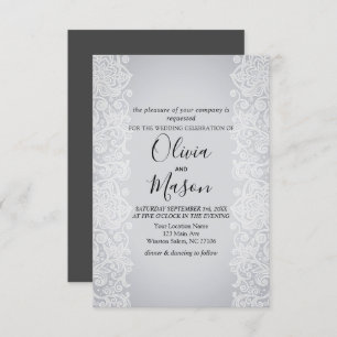 Elegant White Gold Lace Grey Black Wedding Card