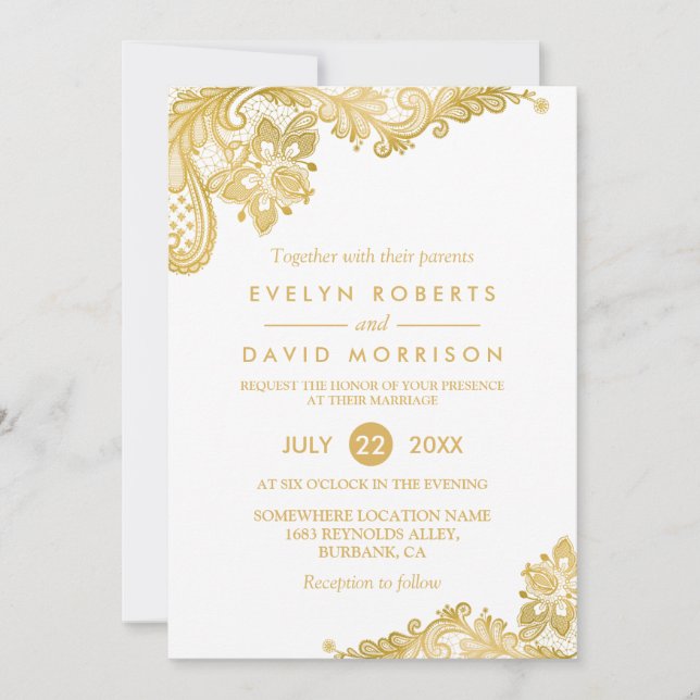 Elegant White Gold Lace Pattern Formal Wedding Invitation (Front)