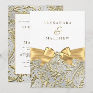 Elegant White & Gold Leaf Bow Wedding Invitation