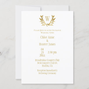 Elegant White Gold Leaf Chic Monogram Wedding Invitation