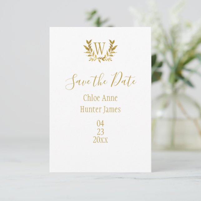 Elegant white Gold Leaf Monogram Minimalistic Save The Date (Standing Front)