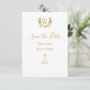 Elegant white Gold Leaf Monogram Minimalistic Save The Date