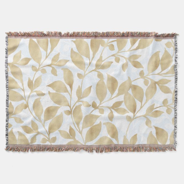 Elegant White Gold Leaves Greenery Botanical Throw Blanket (Front)