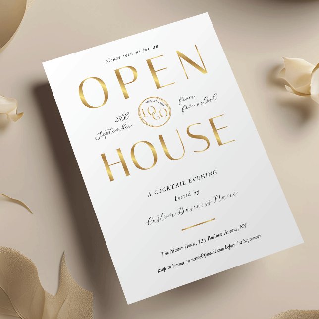 Elegant White & Gold Logo Business Open House Invitation (Creator Uploaded)