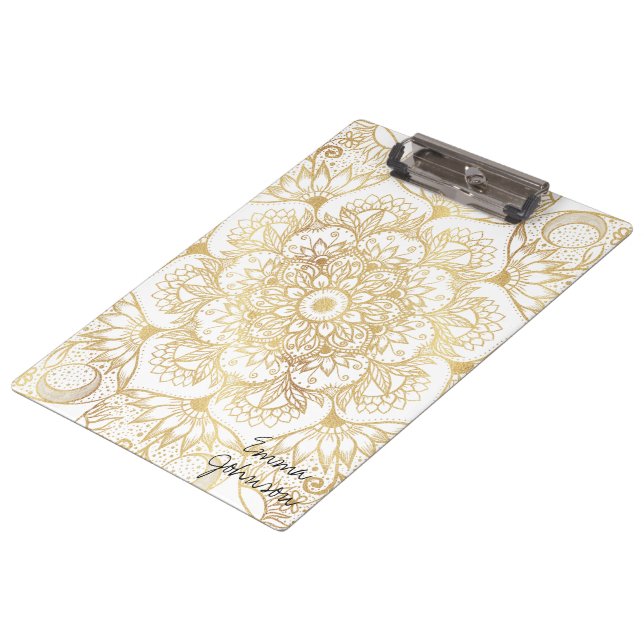 Elegant White Gold Mandala Floral  Clipboard (Angled)