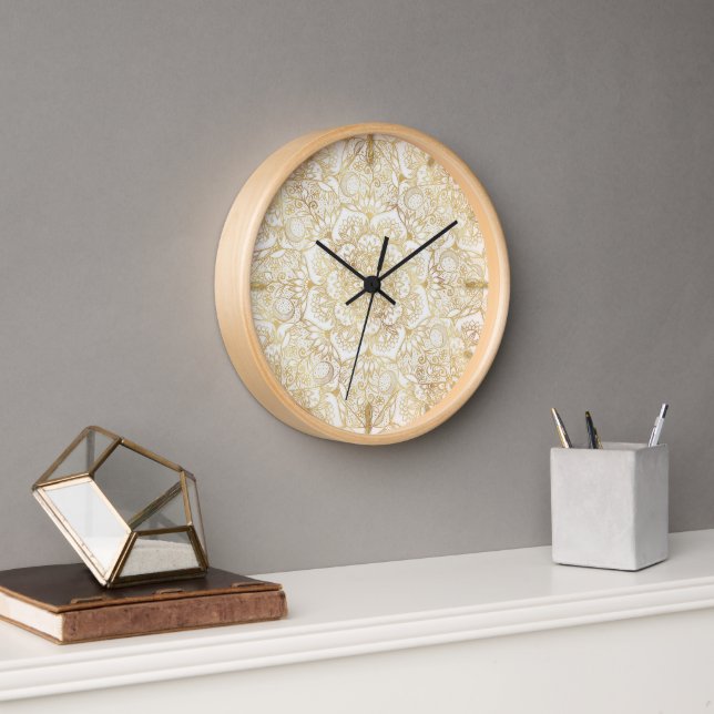 Elegant White Gold Mandala Floral  Clock (Office)