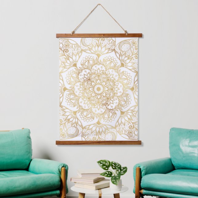 Elegant White Gold Mandala Floral  Hanging Tapestry (Living Room)