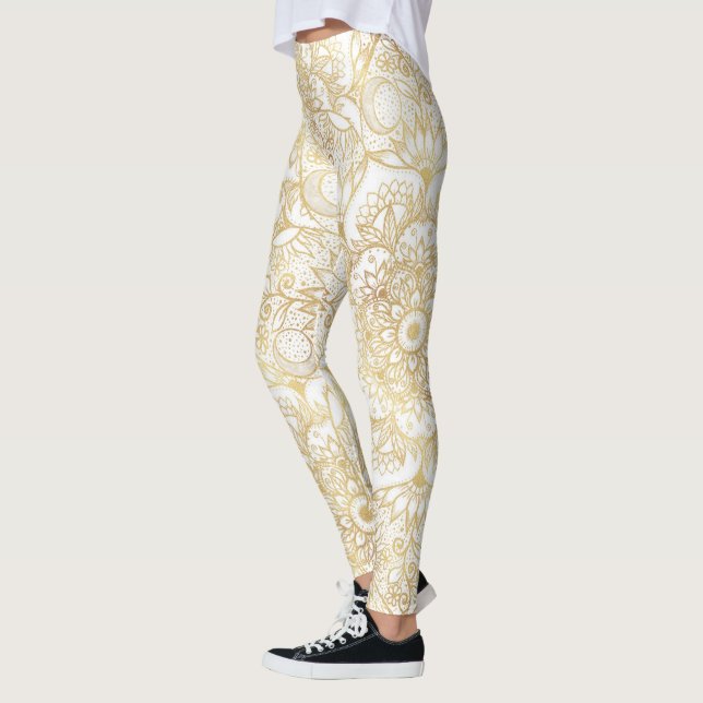 Elegant White Gold Mandala Floral  Leggings (Left)