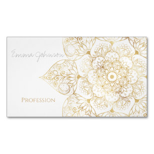 Elegant White Gold Mandala Floral  Magnetic Business Card