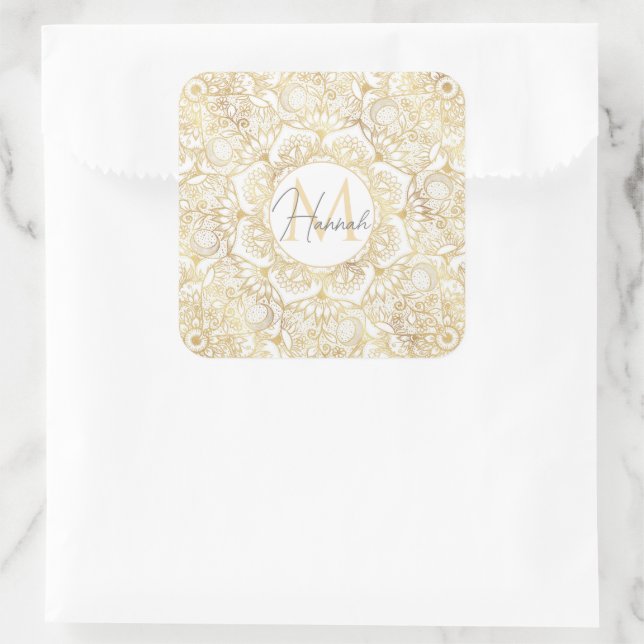 Elegant White Gold Mandala Floral  Square Sticker (Bag)