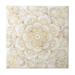 Elegant White Gold Mandala Floral Tile