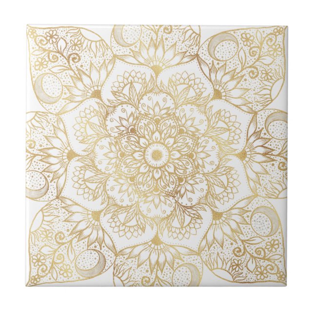 Elegant White Gold Mandala Floral  Tile (Front)
