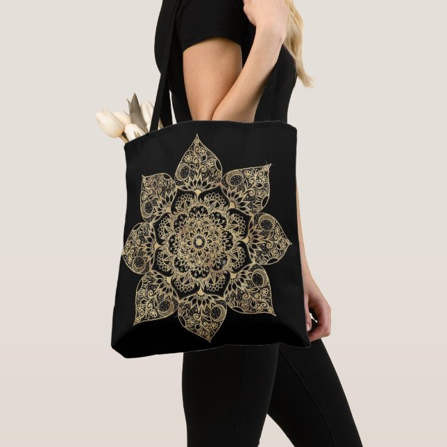 Elegant White Gold Mandala Floral  Tote Bag (Close Up)