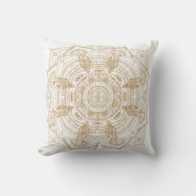 Elegant White & Gold Mandala Hand Drawn Design Cushion (Front)