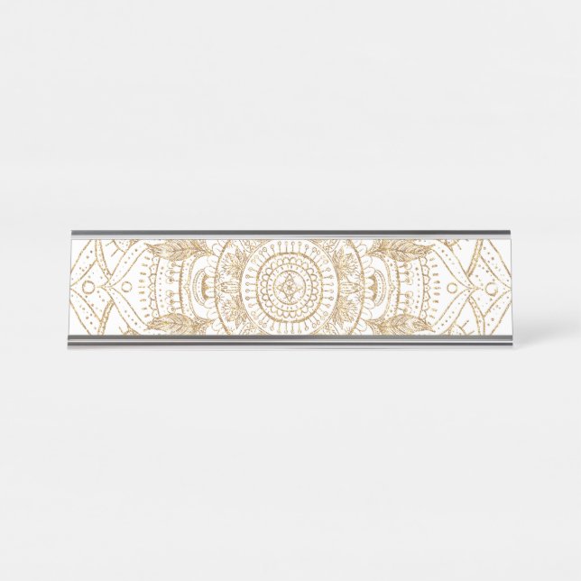 Elegant White & Gold Mandala Hand Drawn Design Desk Name Plate (Front)