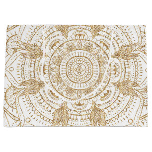 Elegant White & Gold Mandala Hand Drawn Design Large Gift Bag