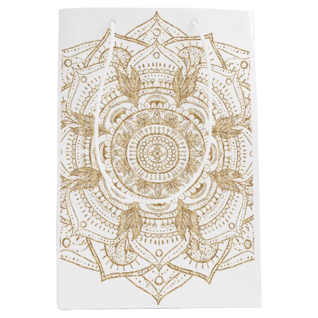 Elegant White & Gold Mandala Hand Drawn Design Medium Gift Bag (Front)