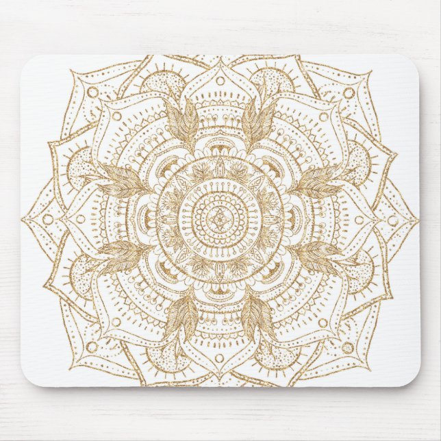 Elegant White & Gold Mandala Hand Drawn Design Mouse Mat (Front)