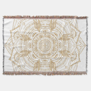 Elegant White & Gold Mandala Hand Drawn Design Throw Blanket