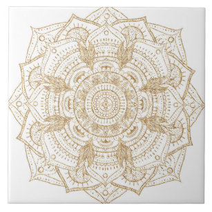 Elegant White & Gold Mandala Hand Drawn Design Tile