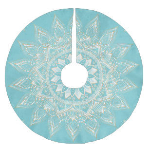 Elegant White Gold Mandala Sky Blue Design Brushed Polyester Tree Skirt