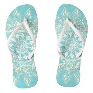 Elegant White Gold Mandala Sky Blue Design Flip Flops