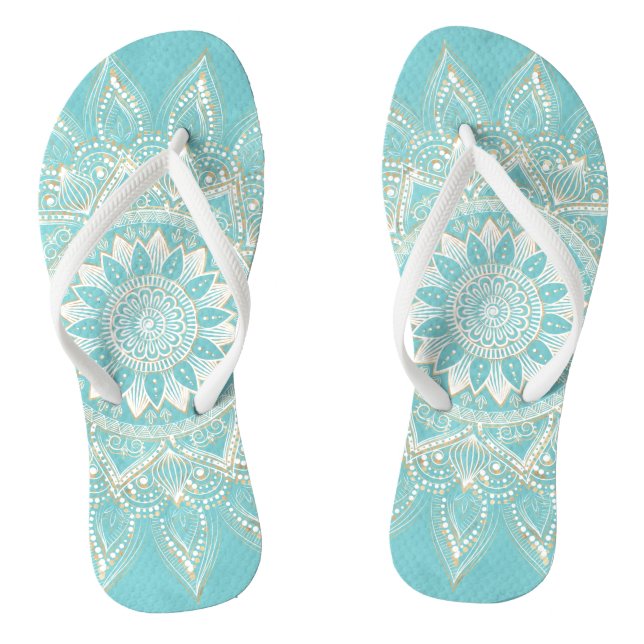 Elegant White Gold Mandala Sky Blue Design Flip Flops (Footbed)