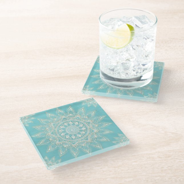 Elegant White Gold Mandala Sky Blue Design Glass Coaster (Angled)
