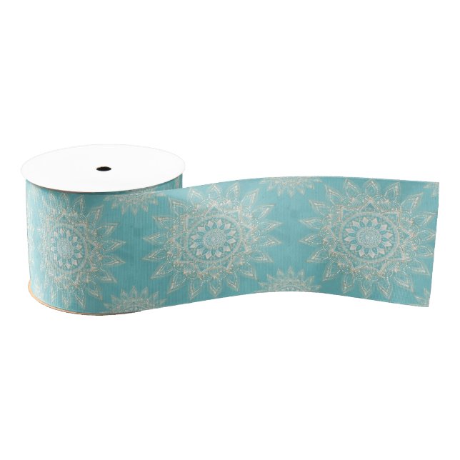 Elegant White Gold Mandala Sky Blue Design Grosgrain Ribbon (Spool)