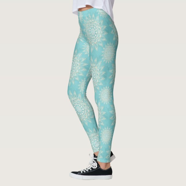 Elegant White Gold Mandala Sky Blue Design Leggings (Left)